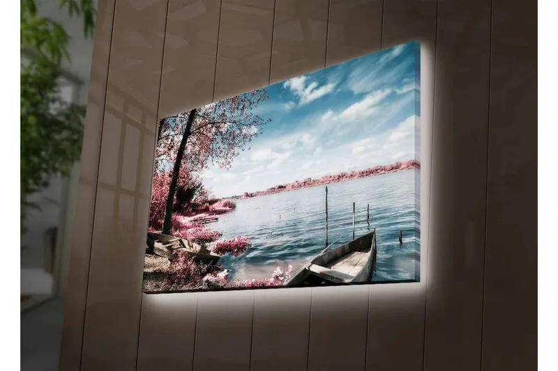 Canvastavla med LED-belysning - Lugn sjölandskap med båtar och blommande träd - Rosa / Blå / Grå - Inredning - Tavlor & konst - Canvastavlor