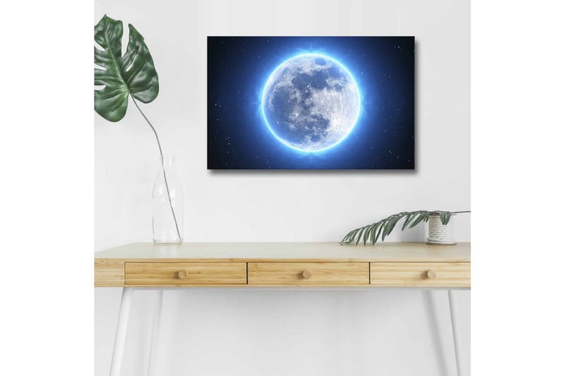 Canvastavla med LED-belysning - Luminös fullmåne omgiven av stjärnor, Blå / Vit / Mörkblå