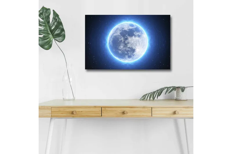 Canvastavla med LED-belysning - Luminös fullmåne omgiven av stjärnor, Blå / Vit / Mörkblå