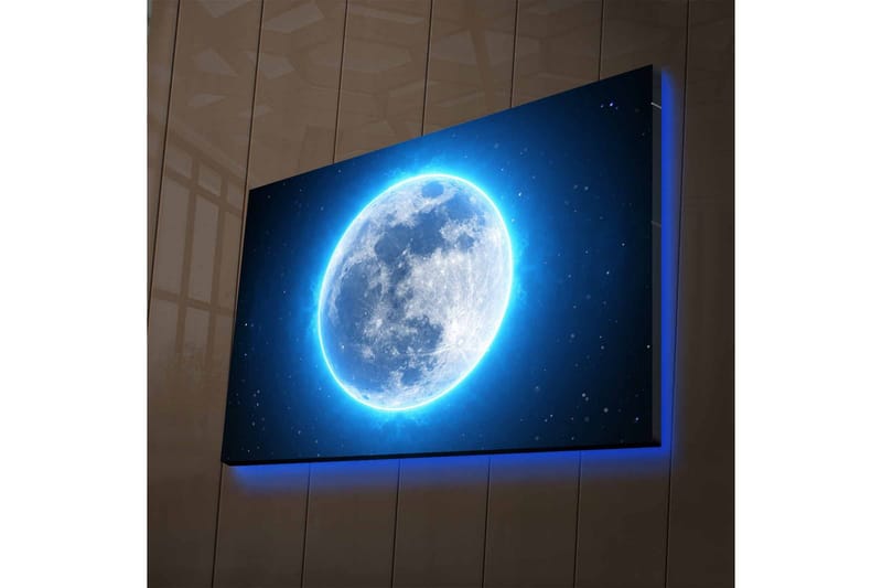 Canvastavla med LED-belysning - Luminös fullmåne omgiven av stjärnor - Blå / Vit / Mörkblå - Inredning - Tavlor & konst - Canvastavlor