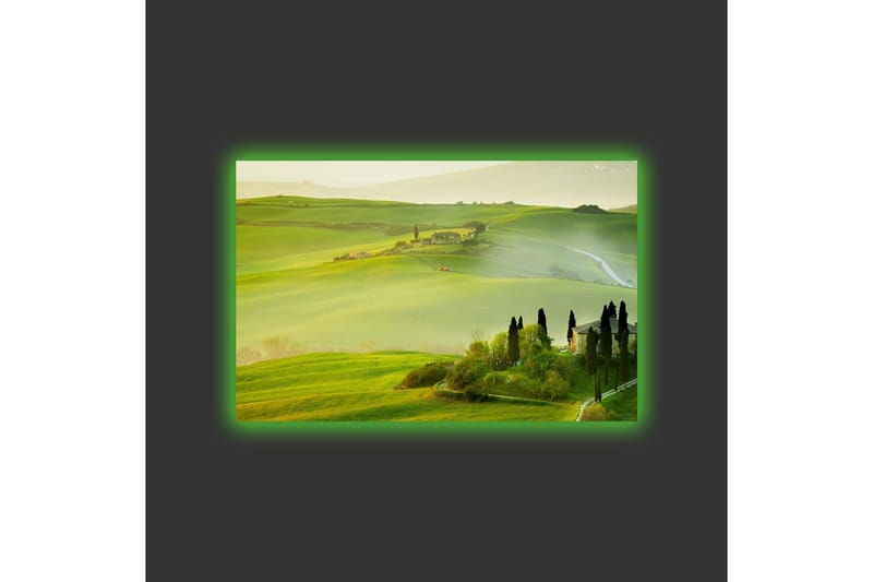 Canvastavla med LED-belysning - Lummig landskap med böljande gröna kullar och cypressträd - Grön / Ljusgrön / Brun - Inredning - Tavlor & konst - Canvastavlor