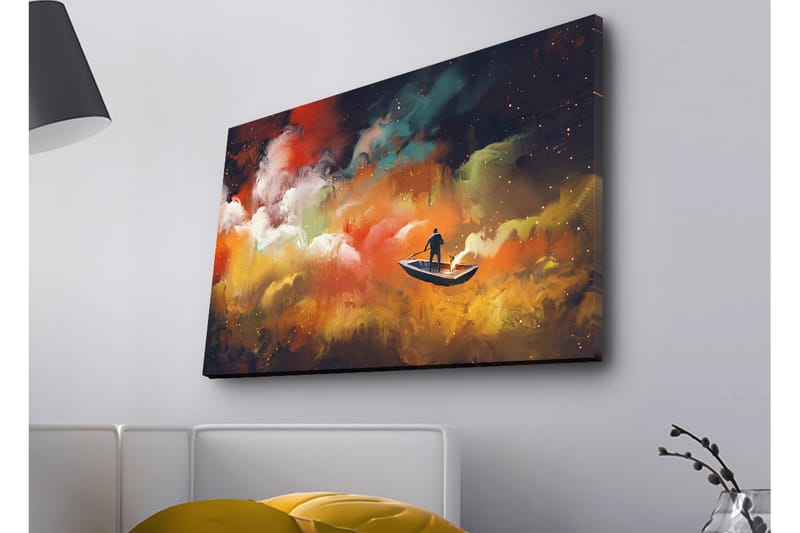 Canvastavla med LED-belysning - Människa i båt som navigerar genom färgglada moln - Orange / Blå / Vit - Inredning - Tavlor & konst - Canvastavlor