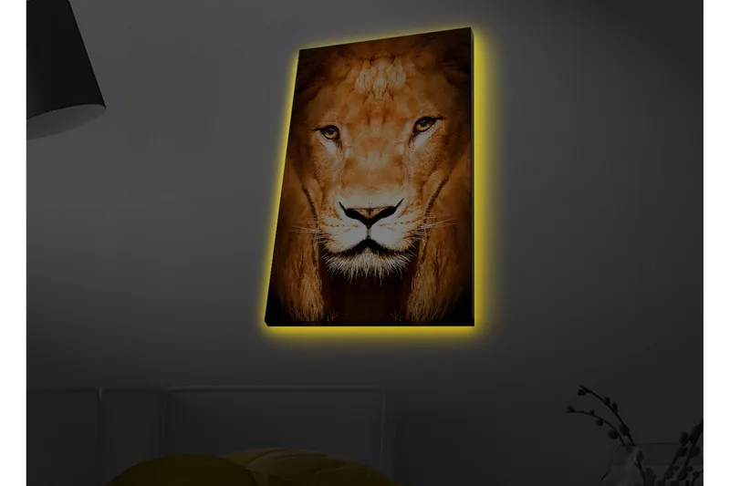 Canvastavla med LED-belysning - Majestätisk lejonhuvud i närbild, Guld / Brun / Svart