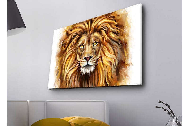 Canvastavla med LED-belysning - Majestätisk lejonhuvud med detaljerad man och uttrycksfulla ögon - Guld / Brun / Beige - Inredning - Tavlor & konst - Canvastavlor