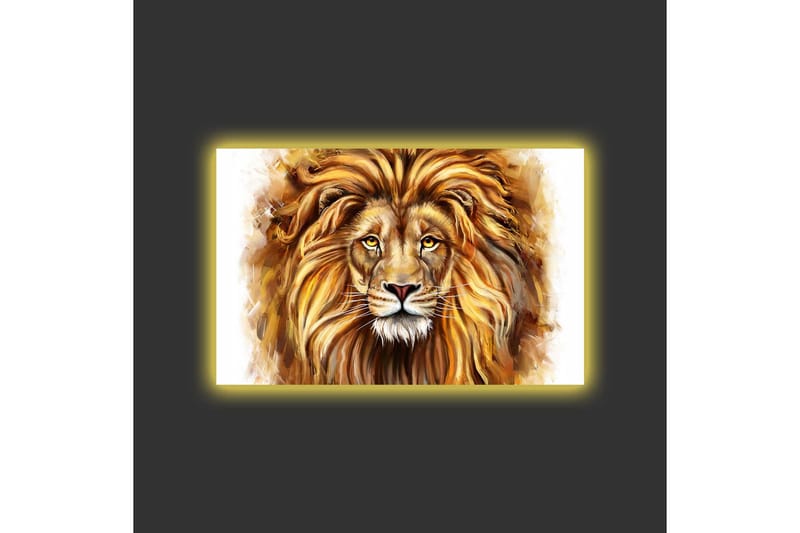 Canvastavla med LED-belysning - Majestätisk lejonhuvud med detaljerad man och uttrycksfulla ögon - Guld / Brun / Beige - Inredning - Tavlor & konst - Canvastavlor