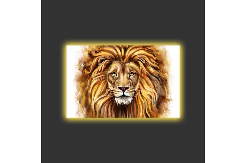 Canvastavla med LED-belysning - Majestätisk lejonhuvud med detaljerad man och uttrycksfulla ögon - Guld / Brun / Beige - Inredning - Tavlor & konst - Canvastavlor