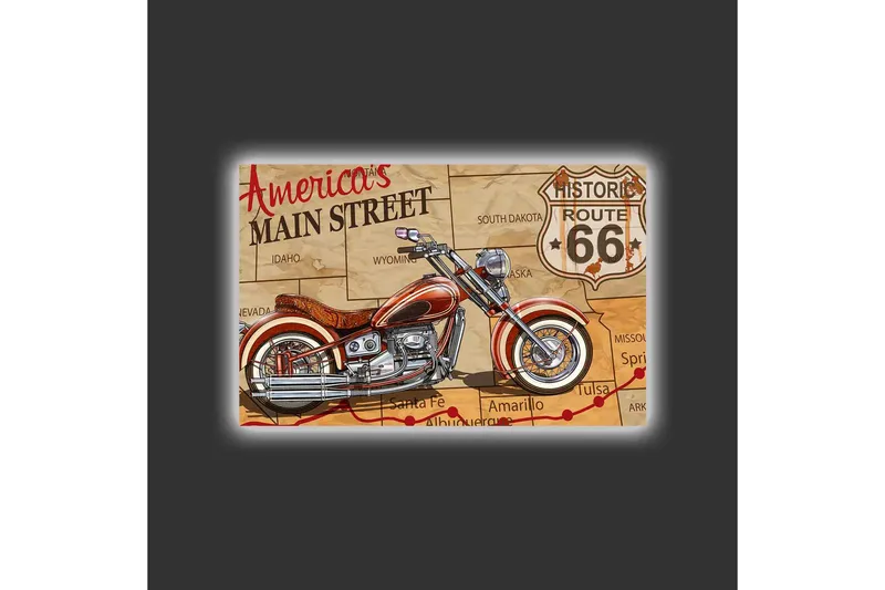 Canvastavla med LED-belysning - Motorcykel på en karta över Route 66 - Röd / Beige / Svart - Inredning - Tavlor & konst - Canvastavlor