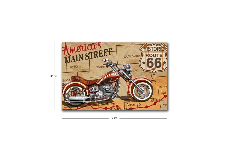 Canvastavla med LED-belysning - Motorcykel på en karta över Route 66 - Röd / Beige / Svart - Inredning - Tavlor & konst - Canvastavlor