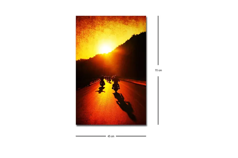 Canvastavla med LED-belysning - Motorcyklar som färdas längs en väg i solnedgångens gyllene ljus - Guld / Orange / Svart - Inredning - Tavlor & konst - Canvastavlor