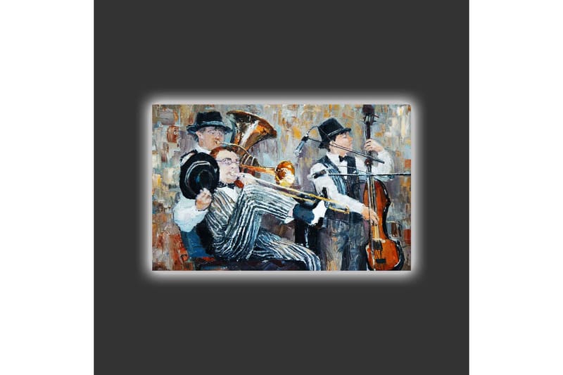 Canvastavla med LED-belysning - Musikaliskt framträdande med tre spelande musiker - Mörkblå / Orange / Vit - Inredning - Tavlor & konst - Canvastavlor