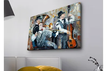 Canvastavla med LED-belysning - Musikaliskt framträdande med tre spelande musiker - Mörkblå / Orange / Vit - Inredning - Tavlor & konst - Canvastavlor
