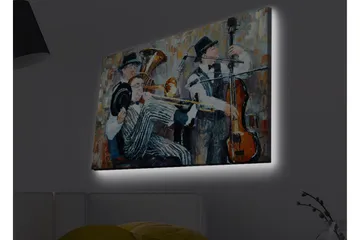 Canvastavla med LED-belysning - Musikaliskt framträdande med tre spelande musiker - Mörkblå / Orange / Vit - Inredning - Tavlor & konst - Canvastavlor