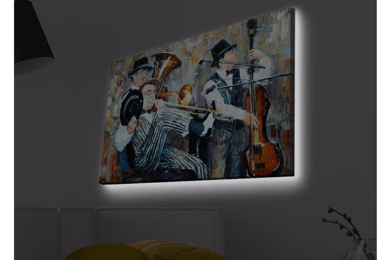 Canvastavla med LED-belysning - Musikaliskt framträdande med tre spelande musiker - Mörkblå / Orange / Vit - Inredning - Tavlor & konst - Canvastavlor