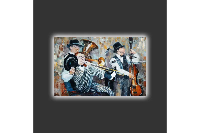 Canvastavla med LED-belysning - Musikaliskt framträdande med tre spelande musiker - Mörkblå / Orange / Vit - Inredning - Tavlor & konst - Canvastavlor