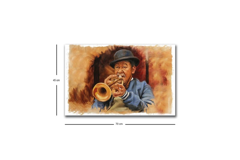 Canvastavla med LED-belysning - Musiker som spelar trumpet med uttrycksfulla drag - Brun / Blå / Beige - Inredning - Tavlor & konst - Canvastavlor