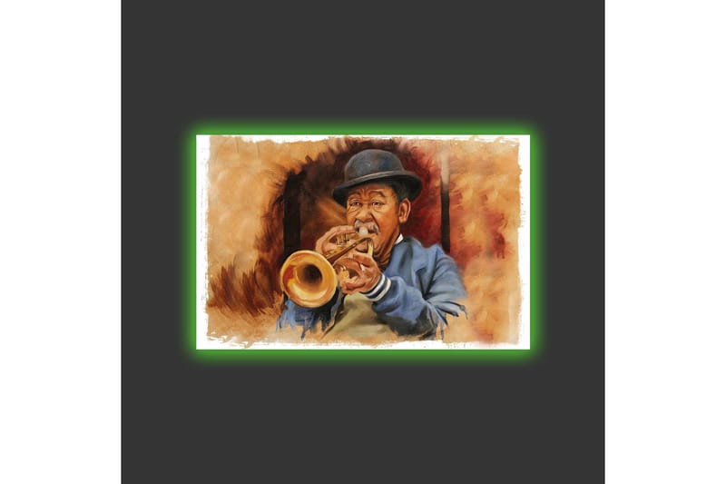 Canvastavla med LED-belysning - Musiker som spelar trumpet med uttrycksfulla drag - Brun / Blå / Beige - Inredning - Tavlor & konst - Canvastavlor