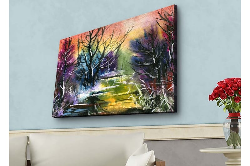 Canvastavla med LED-belysning - Mystisk landskap med silhuetter av träd i skymning - Lila / Grön / Svart - Inredning - Tavlor & konst - Canvastavlor