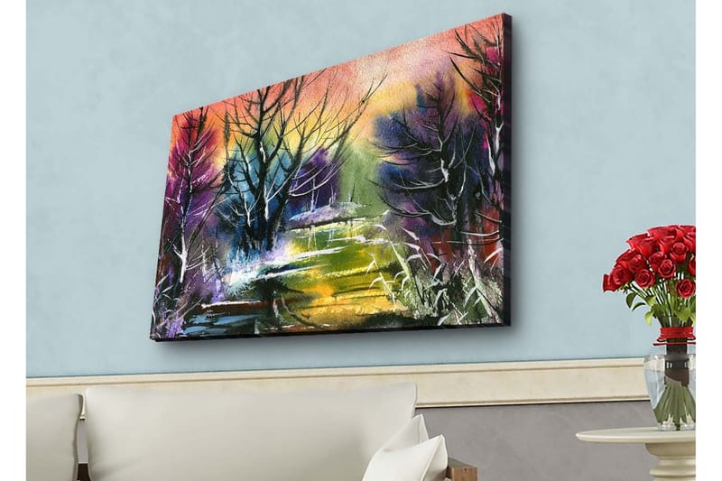 Canvastavla med LED-belysning - Mystisk landskap med silhuetter av träd i skymning - Lila / Grön / Svart - Inredning - Tavlor & konst - Canvastavlor