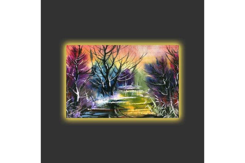 Canvastavla med LED-belysning - Mystisk landskap med silhuetter av träd i skymning - Lila / Grön / Svart - Inredning - Tavlor & konst - Canvastavlor
