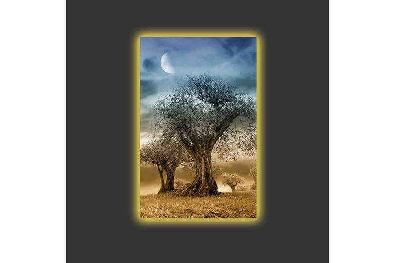 Canvastavla med LED-belysning - Mystisk landskap med silhuetter av träd under en måne - Grå / Brun / Svart - Inredning - Tavlor & konst - Canvastavlor