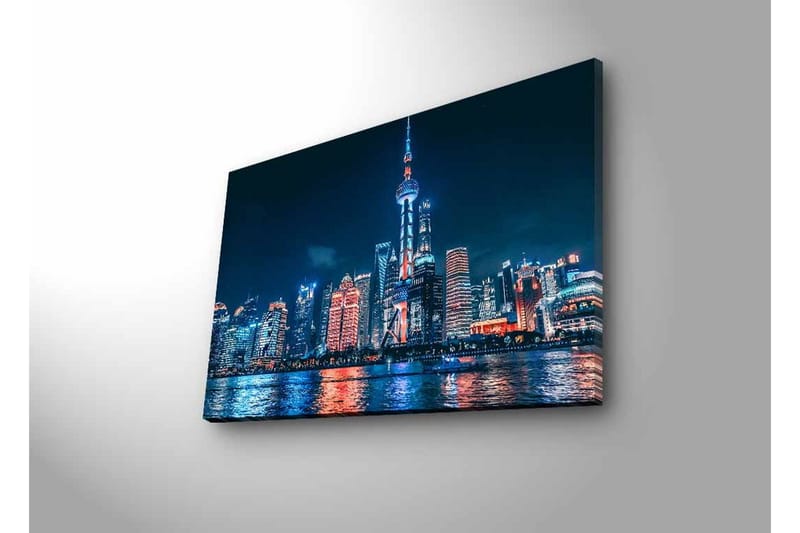 Canvastavla med LED-belysning - Nattlig stadsbild av Shanghai med ljusa skyskrapor och reflektioner i vattnet - Mörkblå / Orange / Vit - Inredning - Tavlor & konst - Canvastavlor