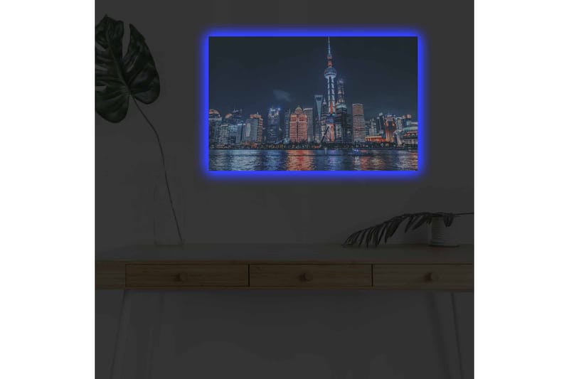 Canvastavla med LED-belysning - Nattlig stadsbild av Shanghai med ljusa skyskrapor och reflektioner i vattnet - Mörkblå / Orange / Vit - Inredning - Tavlor & konst - Canvastavlor