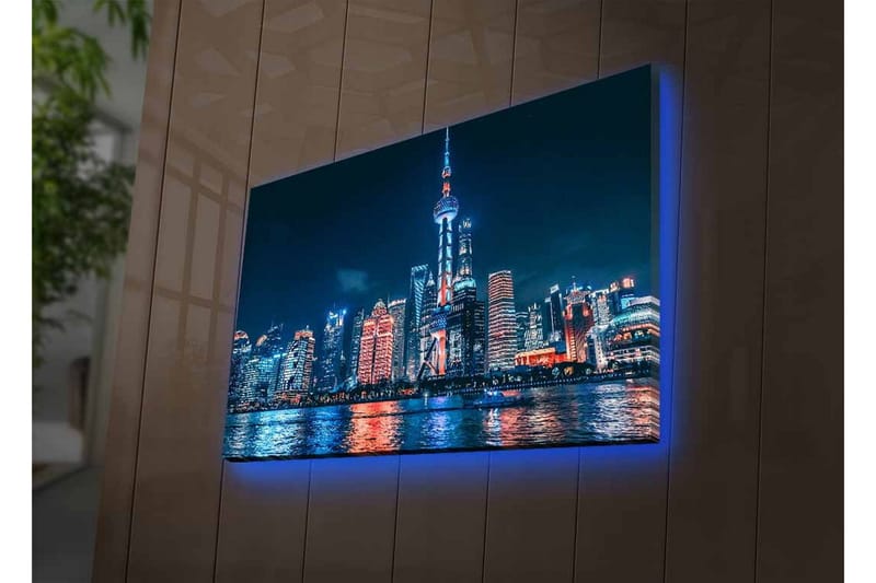 Canvastavla med LED-belysning - Nattlig stadsbild av Shanghai med ljusa skyskrapor och reflektioner i vattnet - Mörkblå / Orange / Vit - Inredning - Tavlor & konst - Canvastavlor