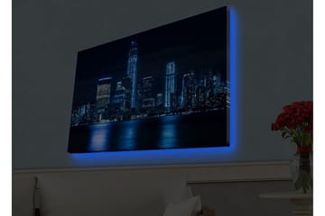 Canvastavla med LED-belysning - Nattlig stadsbild med upplysta skyskrapor - Mörkblå / Svart / Ljusblå - Inredning - Tavlor & konst - Canvastavlor