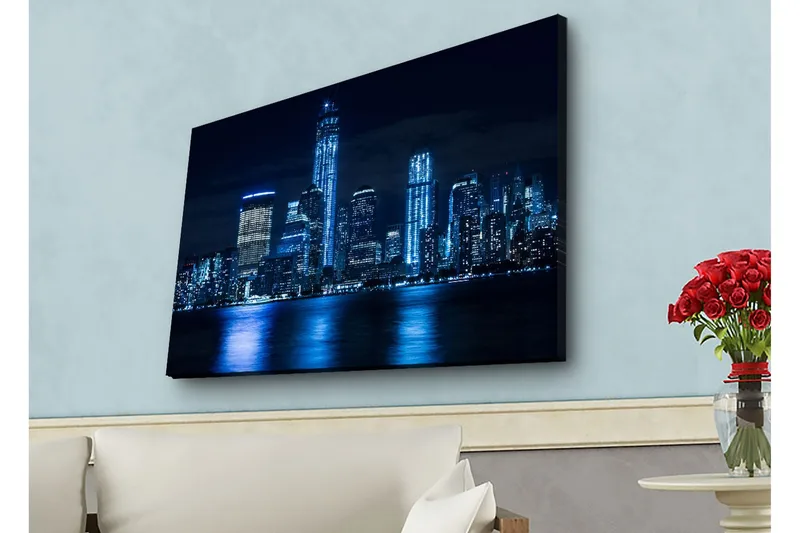 Canvastavla med LED-belysning - Nattlig stadsbild med upplysta skyskrapor - Mörkblå / Svart / Ljusblå - Inredning - Tavlor & konst - Canvastavlor