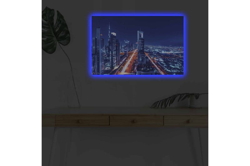 Canvastavla med LED-belysning - Nattlig stadssilhuett med upplysta skyskrapor - Mörkblå / Ljusorange / Vit - Inredning - Tavlor & konst - Canvastavlor