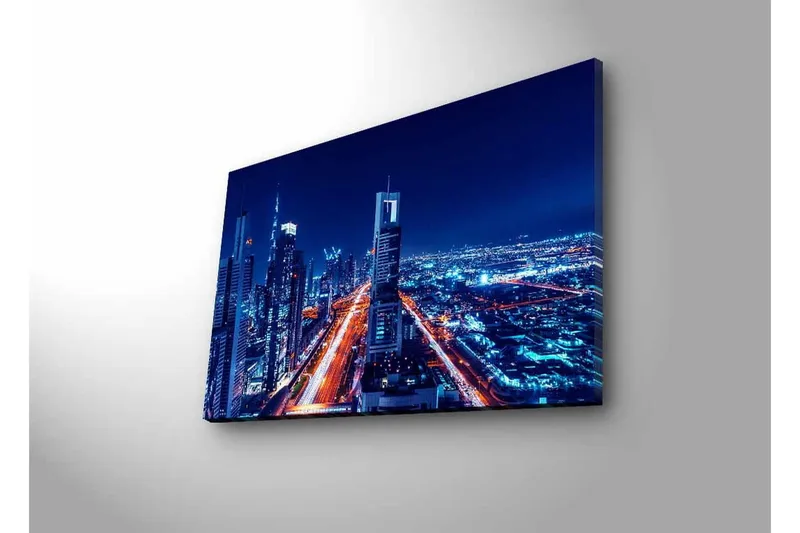 Canvastavla med LED-belysning - Nattlig stadssilhuett med upplysta skyskrapor - Mörkblå / Ljusorange / Vit - Inredning - Tavlor & konst - Canvastavlor
