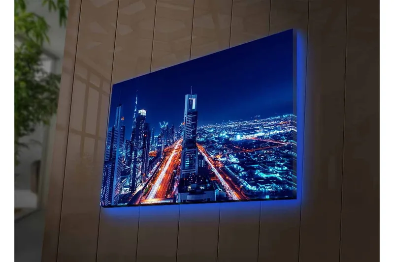 Canvastavla med LED-belysning - Nattlig stadssilhuett med upplysta skyskrapor - Mörkblå / Ljusorange / Vit - Inredning - Tavlor & konst - Canvastavlor