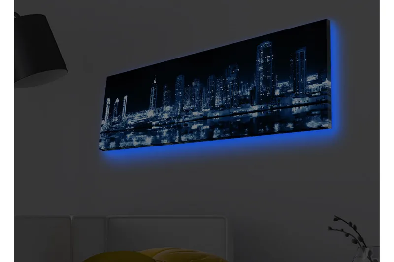 Canvastavla med LED-belysning - Nattlig stadssilhuett med upplysta skyskrapor - Mörkblå / Svart / Vit - Inredning - Tavlor & konst - Canvastavlor