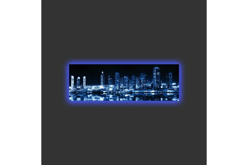 Canvastavla med LED-belysning - Nattlig stadssilhuett med upplysta skyskrapor - Mörkblå / Svart / Vit - Inredning - Tavlor & konst - Canvastavlor