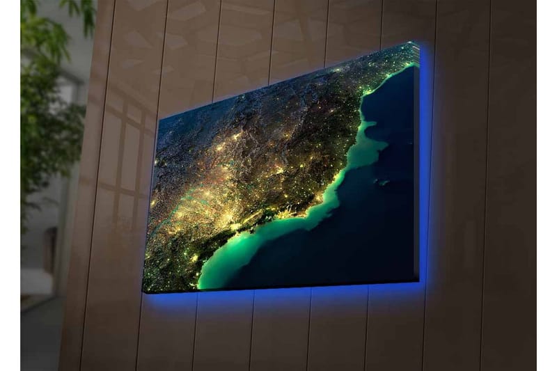 Canvastavla med LED-belysning - Nattlig vy av en stad med ljus och hav - Mörkblå / Grön / Gul - Inredning - Tavlor & konst - Canvastavlor