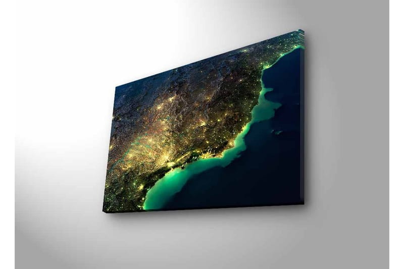 Canvastavla med LED-belysning - Nattlig vy av en stad med ljus och hav - Mörkblå / Grön / Gul - Inredning - Tavlor & konst - Canvastavlor