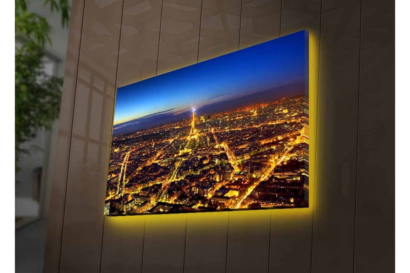 Canvastavla med LED-belysning - Nattvy över Paris med Eiffeltornet som huvudfokus - Mörkblå / Gyllene / Svart - Inredning - Tavlor & konst - Canvastavlor