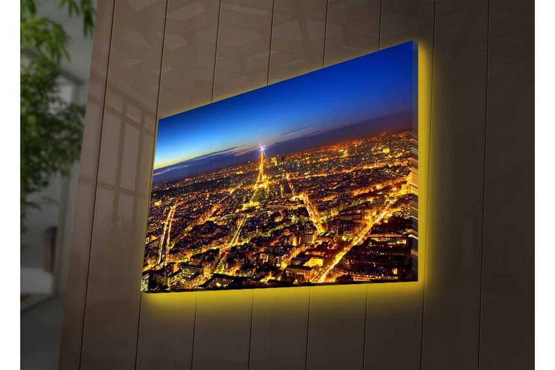 Canvastavla med LED-belysning - Nattvy över Paris med Eiffeltornet som huvudfokus - Mörkblå / Gyllene / Svart - Inredning - Tavlor & konst - Canvastavlor