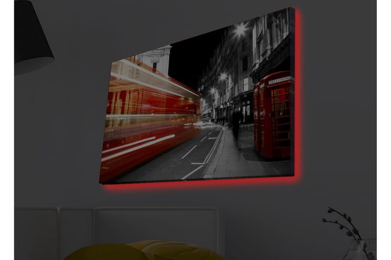 Canvastavla med LED-belysning - Röd buss i rörelse på en svartvit stadsgata - Röd / Svart / Grå - Inredning - Tavlor & konst - Canvastavlor