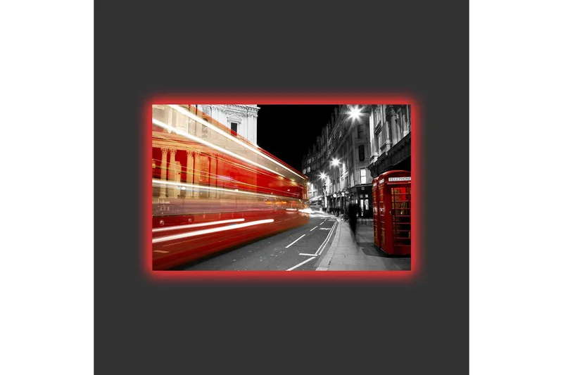 Canvastavla med LED-belysning - Röd buss i rörelse på en svartvit stadsgata - Röd / Svart / Grå - Inredning - Tavlor & konst - Canvastavlor