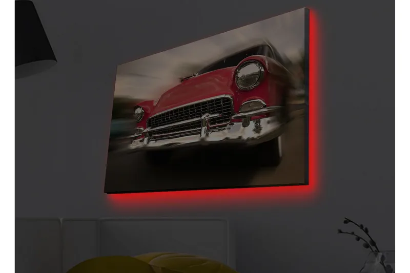 Canvastavla med LED-belysning - Röd klassisk bil i rörelse, Röd / Silver