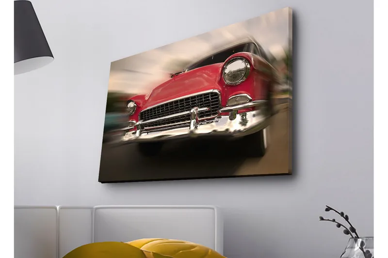 Canvastavla med LED-belysning - Röd klassisk bil i rörelse - Röd / Silver - Inredning - Tavlor & konst - Canvastavlor