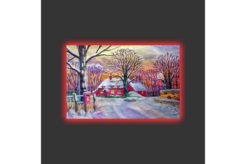Canvastavla med LED-belysning - Röd stuga omgiven av snöklädda träd och en vinterlandskap - Röd / Vit / Lila - Inredning - Tavlor & konst - Canvastavlor