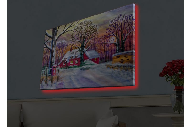 Canvastavla med LED-belysning - Röd stuga omgiven av snöklädda träd och en vinterlandskap - Röd / Vit / Lila - Inredning - Tavlor & konst - Canvastavlor