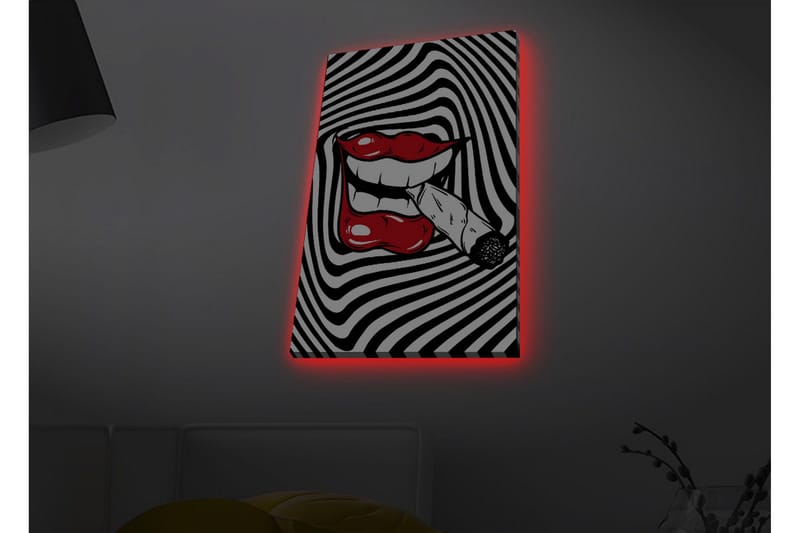 Canvastavla med LED-belysning - Röda läppar med en cigarett i munnen mot en svartvit spiralbakgrund - Röd / Svart / Vit - Inredning - Tavlor & konst - Canvastavlor