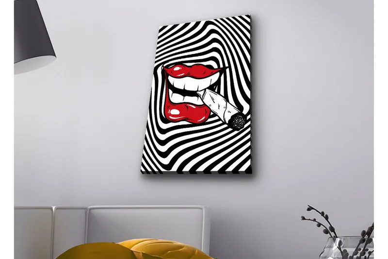 Canvastavla med LED-belysning - Röda läppar med en cigarett i munnen mot en svartvit spiralbakgrund, Röd / Svart / Vit