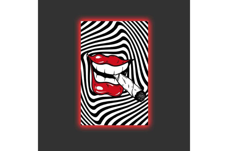 Canvastavla med LED-belysning - Röda läppar med en cigarett i munnen mot en svartvit spiralbakgrund - Röd / Svart / Vit - Inredning - Tavlor & konst - Canvastavlor