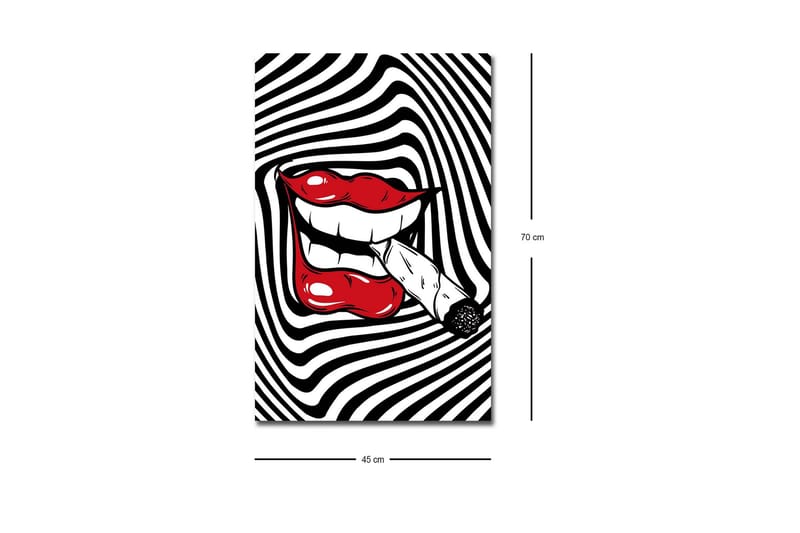 Canvastavla med LED-belysning - Röda läppar med en cigarett i munnen mot en svartvit spiralbakgrund - Röd / Svart / Vit - Inredning - Tavlor & konst - Canvastavlor
