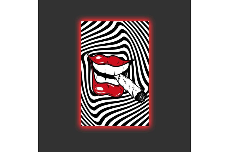 Canvastavla med LED-belysning - Röda läppar med en cigarett i munnen mot en svartvit spiralbakgrund - Röd / Svart / Vit - Inredning - Tavlor & konst - Canvastavlor