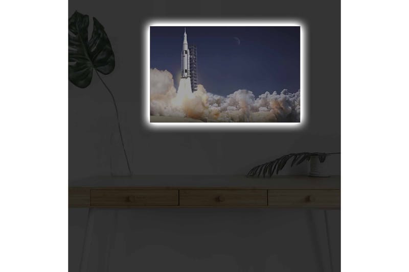 Canvastavla med LED-belysning - Raket som lyfter mot rymden omgiven av moln av rök - Mörkblå / Vit / Grå - Inredning - Tavlor & konst - Canvastavlor
